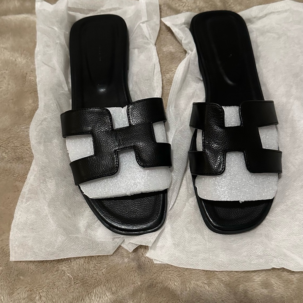 Black Leather Slide Sandals